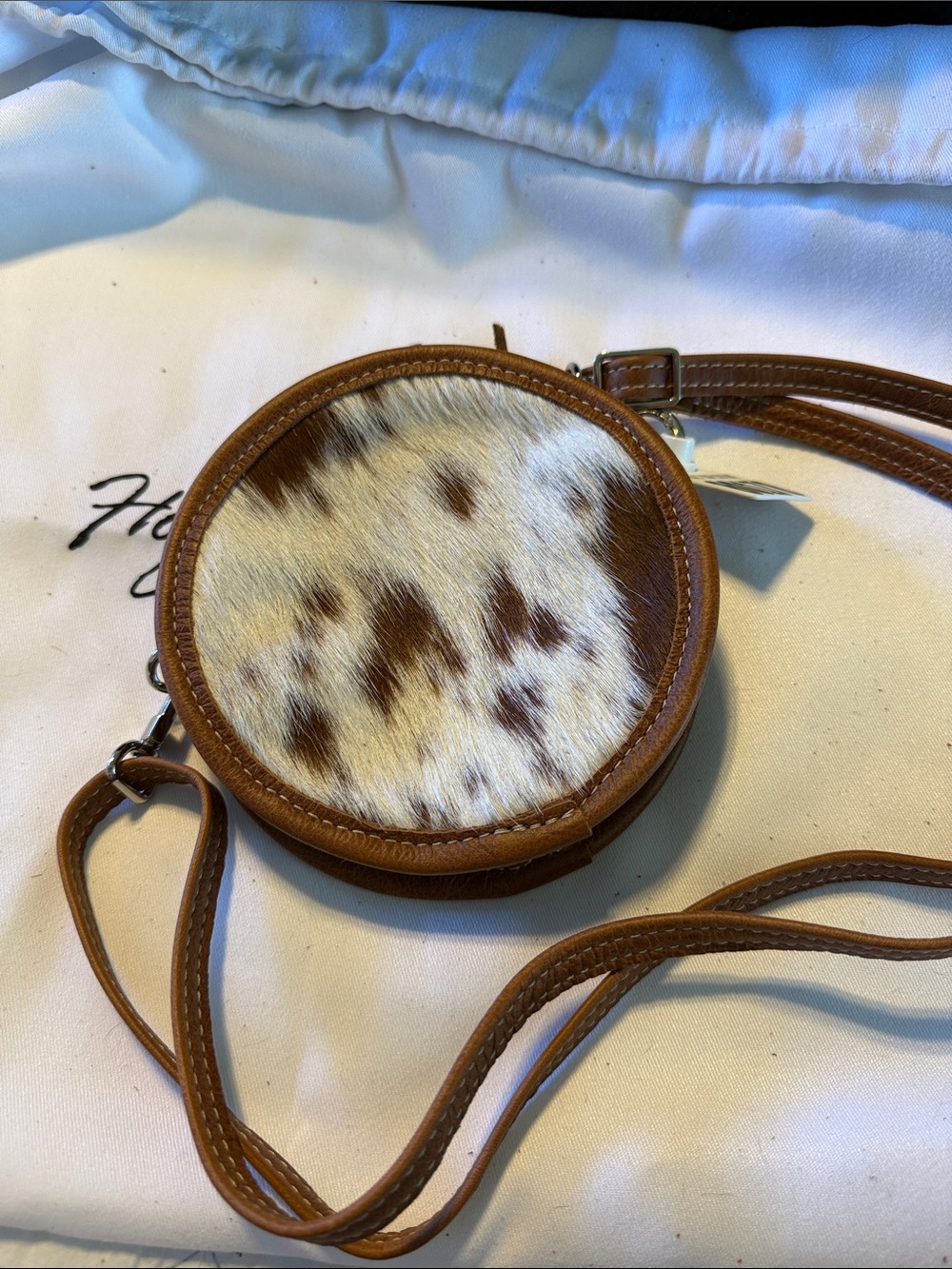 Brown and White Cowhide Round Crossbody Bag - Women's Leather Strap